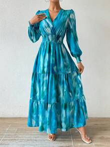Calvaya Tie-Dye Lantern Sleeve Drawstring High Waist Long Dress Maxi Women Outfit