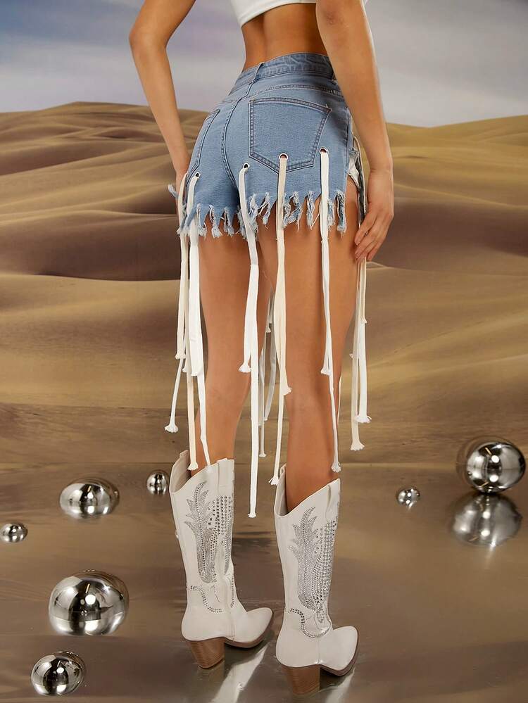 Fringe Strap Frayed Hem Denim Shorts
