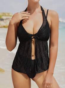 SHEIN Swim Women's Halter Neck Sleeveless Cover Up With Front Tie Summer - Black - View 1