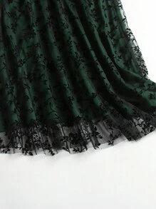 EARO 春季花园派对系列，女士高腰刺绣花卉半身裙，外层薄纱A字裙，复古浪漫风格，约会裙，小众设计 - 墨綠色 - 查看 4