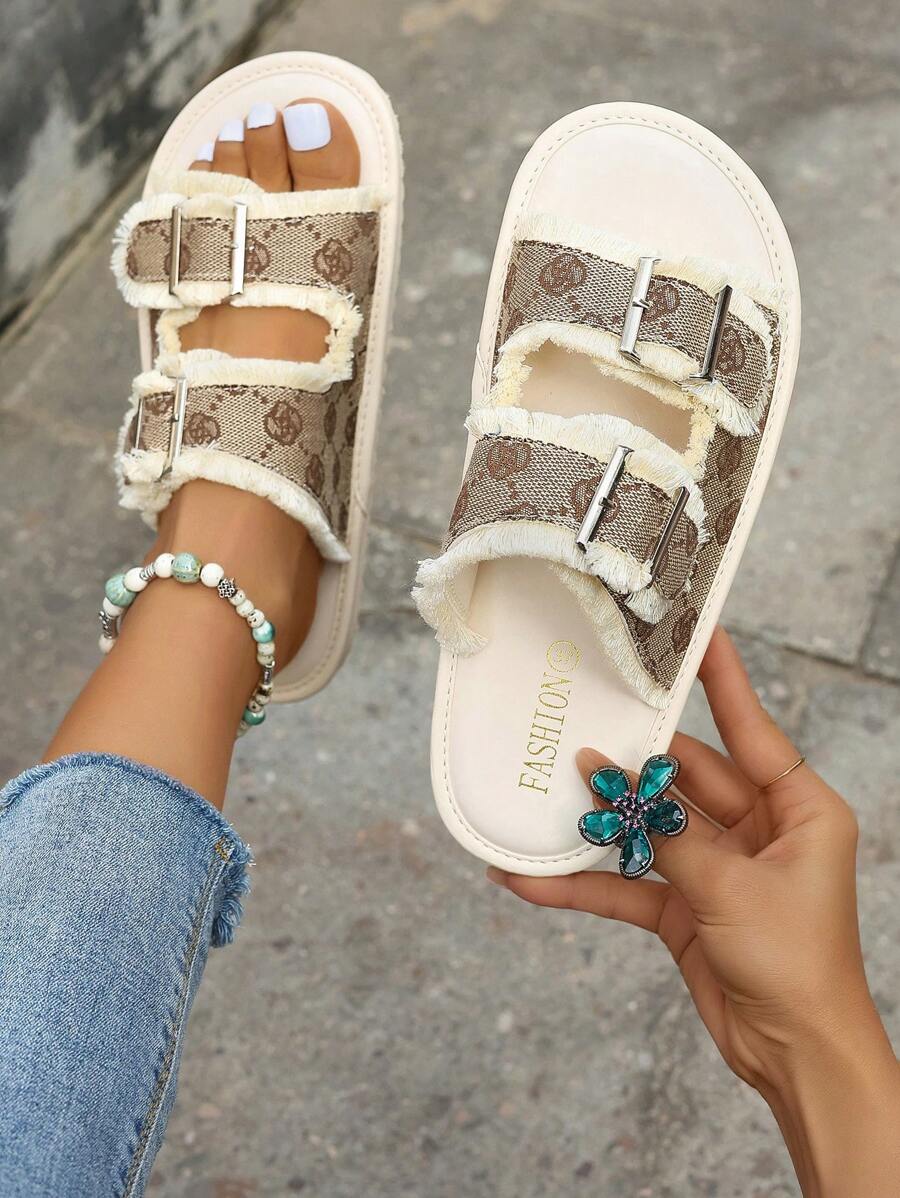 Women's Flat Sandals With Flower Design Strap Buckle, Soft Sole, Beige Color, Comfortable Slipper,Spring Summer Outfits - Multicolor - View 1