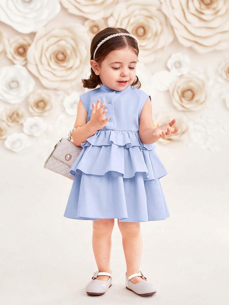 Baby Girl Casual Solid Color Stand Collar Sleeveless Layered Waist Dress