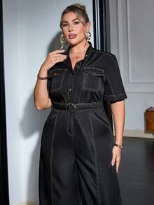 Sollinarry Plus Size Women's Casual Denim Effect Jumpsuit With Collar