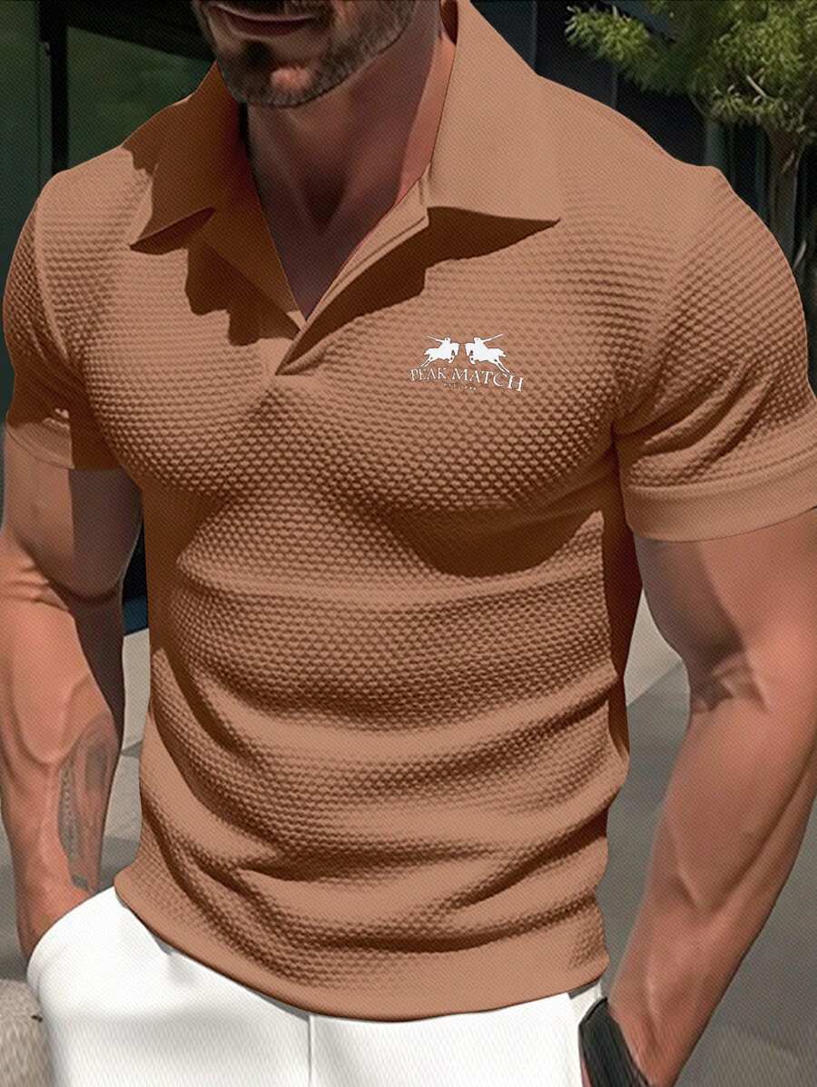 SHEIN Manfinity Homme 男士實色短袖撞色馬球衫 - 棕色 - 查看 1