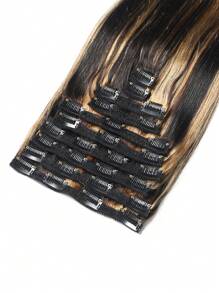 160g 10 Pcs/Set Highlight Clip In Real Human Hair Extensions Silky Straight Black Mixed With Brown Clip Ins Hair Extensions - S1/27 - View 6
