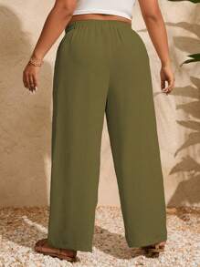 SHEIN Holidaya 加大码纯色弹性腰部宽松直筒裤，带斜口袋