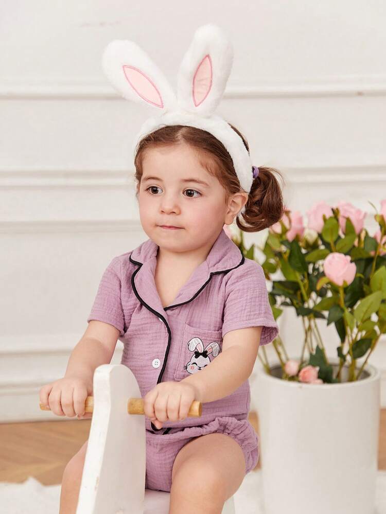 Baby Girl Simple Style Purple Cartoon Rabbit Printed Short Sleeve T-Shirt And Shorts Casual Home Outfit