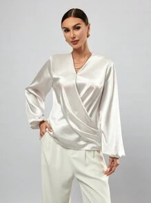 GENKIRA 女性純色雲袖包身襯衫 - 白色 - 查看 1