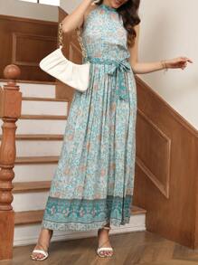 Breezaya Giường đôi In Mô hình hoa Eo Thắt lưng Halter Neck Đầm - Nhiều màu - Xem 3