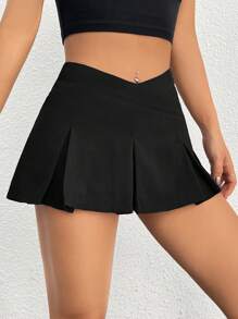 SHEIN PETITE Women's Solid Color Asymmetrical Waist Pleated Mini Skirt - Black - View 6