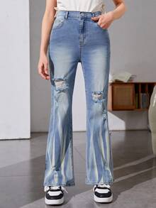Teen Girl Washed Ripped Flare Jeans - Medium Wash - View 3