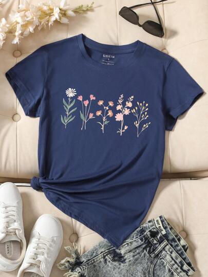 INAWLY 女士花卉印花短袖 T 恤 图案 T 恤 女士上衣