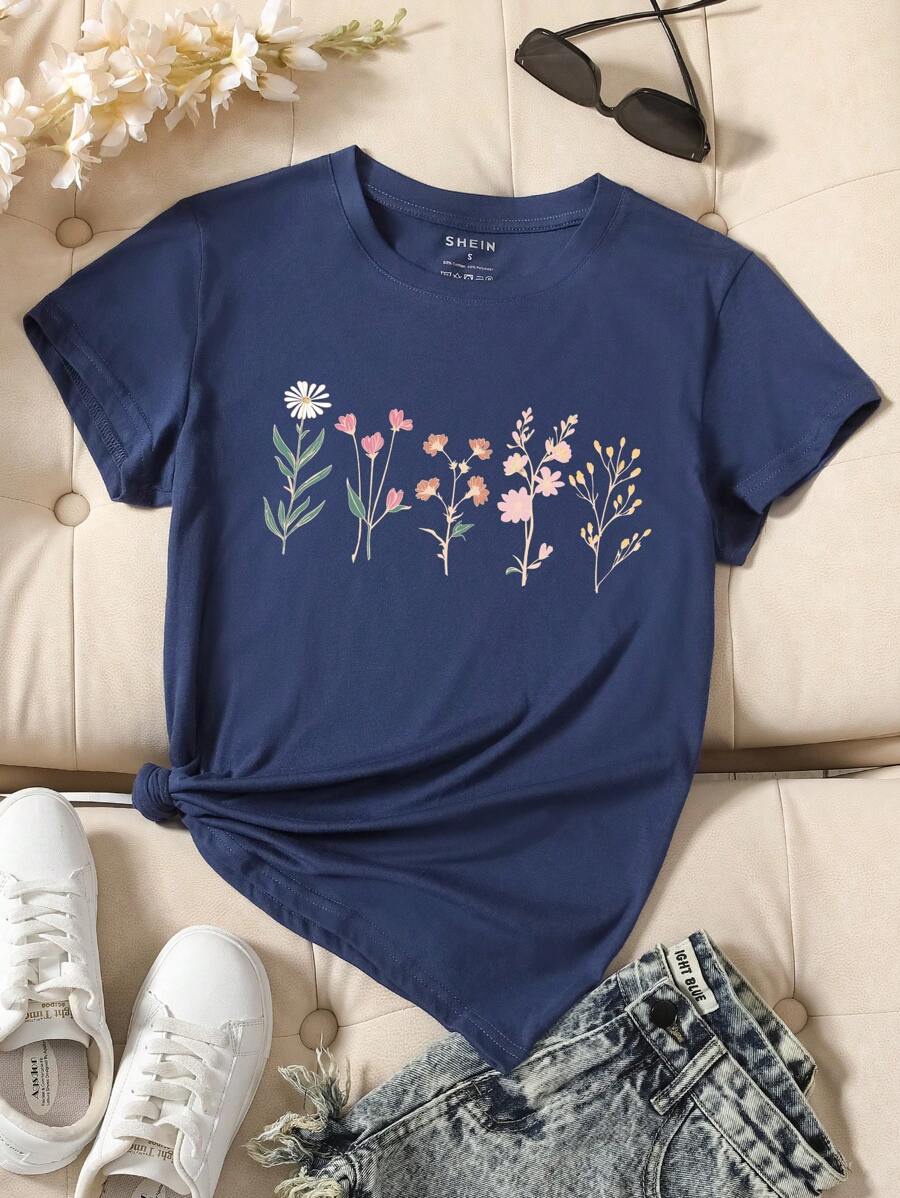 INAWLY 女士花卉印花短袖 T 恤 图案 T 恤 女士上衣 - 藏蓝色 - 查看 1