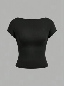 SHEIN EZwear Set de 3 camisetas ajustadas de mujer de manga corta, cuello redondo, sin espalda, en colores negro, blanco y gris, de estilo minimalista y casual, adecuadas para el verano