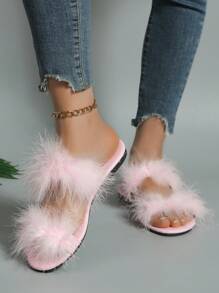Sandalias Planas Decoradas Con Plumas Y Correa Peluda Para Mujer, Rosadas, Con Diseño Casual Redondo De Punta Sexy
