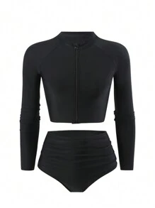 Swim SPRTY Của phụ nữ Có khóa kéo Mặt trước Raglan Tay áo dài Bikini 2 cái/bộ - màu đen - Xem 5