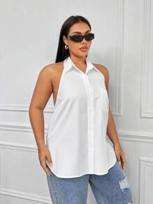 SHEIN EZwear Plus Size Halter Neck Sleeveless White Shirt Top - White - View 6