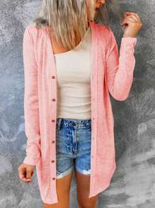 INAWLY Nút phía trước Tay áo dài Giải trí Dài áo - Hồng - Xem 3