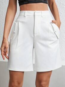 Firerie Shorts de mujer con pliegues y bolsillos unicolor de cintura alta