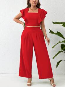 SHEIN Clasi 大尺碼實色方領短袖上衣,帶褶邊袖子和直筒褲,休閒風格 - 紅色 - 查看 4