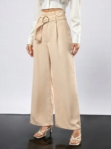 Aveloria Modichic Women's Paper Bag Waist Buckle Belted Wide Leg Pants - Khaki - View 1