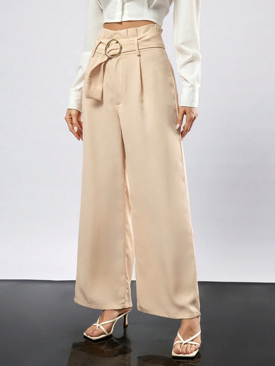 Aveloria Modichic Women's Paper Bag Waist Buckle Belted Wide Leg Pants - Khaki - View 1