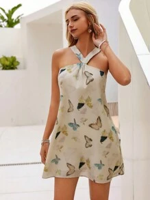 Aveloria Butterfly Printed Sleeveless Halter Neck Dress