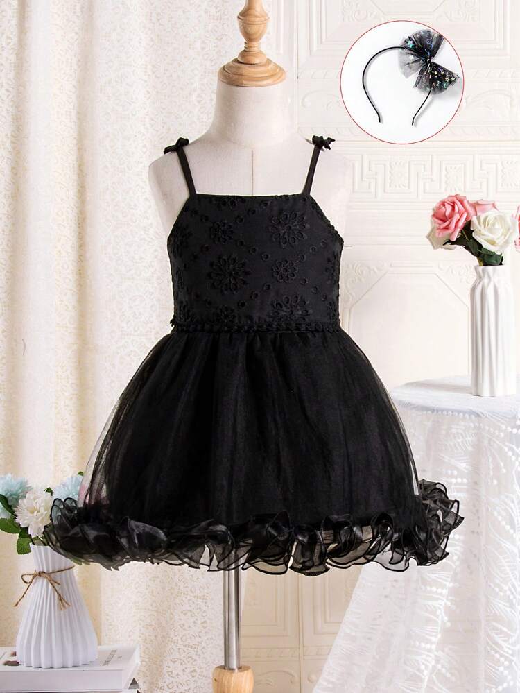 2pcs/Set Young Girls' Music Festival Outfit, Including Embroidered Camisole Top And Tulle Princess Skirt With Headband Accessory, Suitable For Daily Wear, Festivals, Performances, Parties And Birthdays In Summer