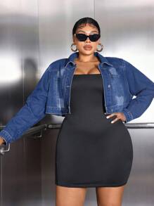 SHEIN SXY Kích thước lớn Ngắn Denim mùa giặt Áo khoác denim Với nút Không nút - Rửa tối - Xem 1