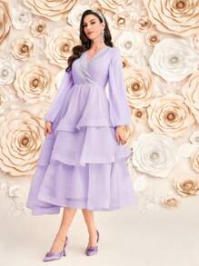 Modelyn Ladies' Solid Color Lace Flower Edge Lantern Sleeve Dress Long Evening Dresses - Mauve Purple - View 6