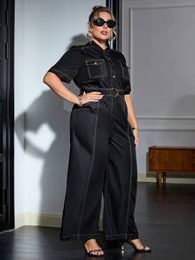 Sollinarry Plus Size Women's Casual Denim Effect Jumpsuit With Collar