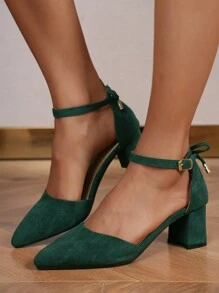 Ciemnozielone buty na wysokim obcasie na jesień/zimę z wyciętym wzorem i paskiem z klamrą, nowości z 2024 r., gruby obcas, pasujące do spódnic i sukienek, idealne dla kobiet, eleganckie