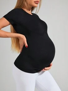 SHEIN Maternity Solid Round Neck Raglan Sleeve Slim Fit T-Shirt - Black - View 4