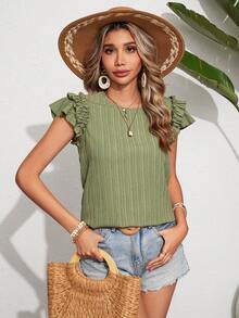 SHEIN VCAY Camisa Sólida De Color Para Mujer Con Diseño De Textura Y Adornos De Volantes, Estilo Casual - Verde - Ver 5