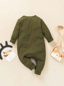 Baby Boy Solid Half Button Jumpsuit - Army Green - View 2