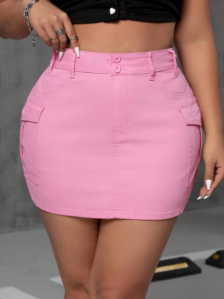 SHEIN ICON 實色加大碼帶蓋口口袋牛仔裙 - 粉色 - 查看 1