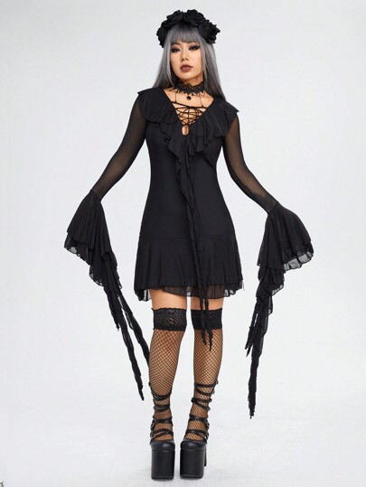 Grunge Punk Dark Sexy Deep V Neckline Dress With Wrap Design, Ruffle Hem And Asymmetrical Long Sleeves For Women