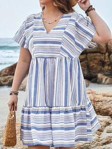 EMERY ROSE 大碼女士夏季條紋短袖娃娃連衣裙 - 藍白色 - 查看 4
