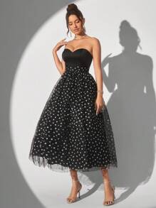 SHEIN Belle 優雅無肩帶心形拼接透明網格a字裙女士雞尾酒派對連衣裙 - 黑色 - 查看 3