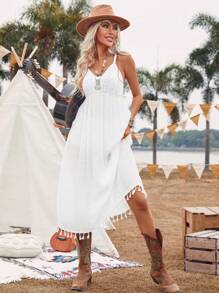 Breezaya Solid Color Fringe Hem Tassel Pair Dress Dress - White - View 3