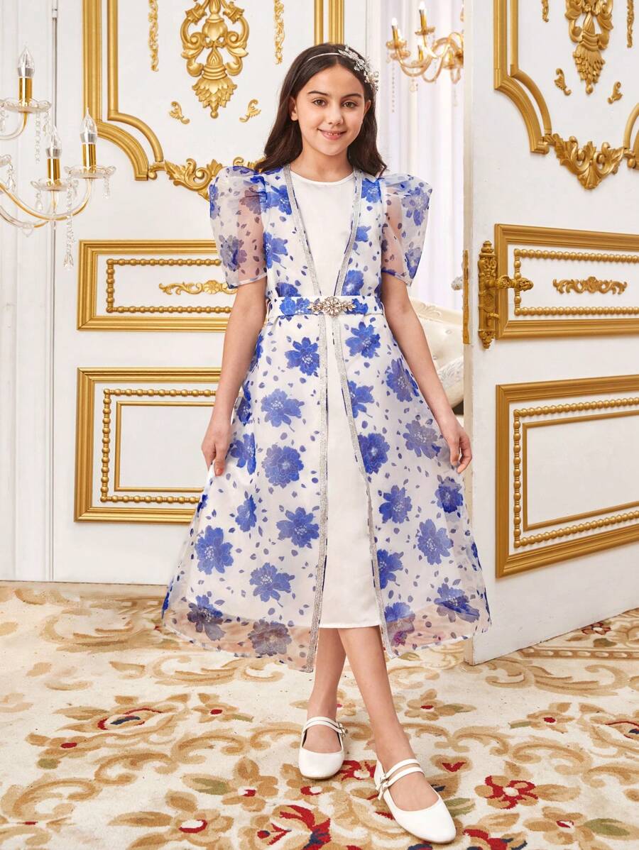 SHEIN 2pcs/Set Tween Girls' Loose Cute Floral Pattern Puff Sleeve Jacket And Dress Outfit