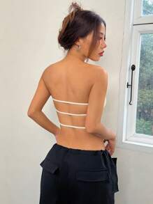 SHEIN EZwear 女士純色無肩帶緊身背心上衣 - 杏色 - 查看 2