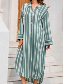 Seusyu Women's Striped Half Button Placket Dress - Green - View 1