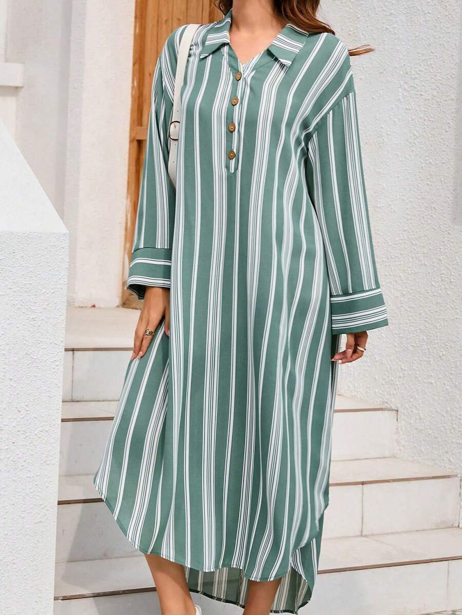 Seusyu Women's Striped Half Button Placket Dress - Green - View 1