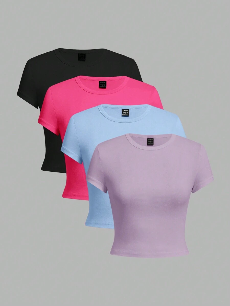 SHEIN EZwear Bộ 4 áo thun nữ cổ tròn tay ngắn dáng ôm, đa năng, thích hợp mặc vào mùa hè - Nhiều màu - Xem 1