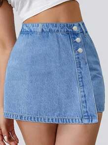 Women's Versatile Button Decor 2 In 1 Shorts, Summer Casual - Light Wash - View 5