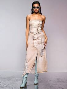 SHEIN BAE 女士純色無肩帶牛仔上衣&音樂節 - 卡其色 - 查看 5