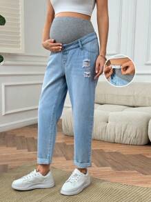 SHEIN Casual & Comfy Maternity Jeans With Knit Ripped Holes And Adjustable Waistband - Multicolor - View 4