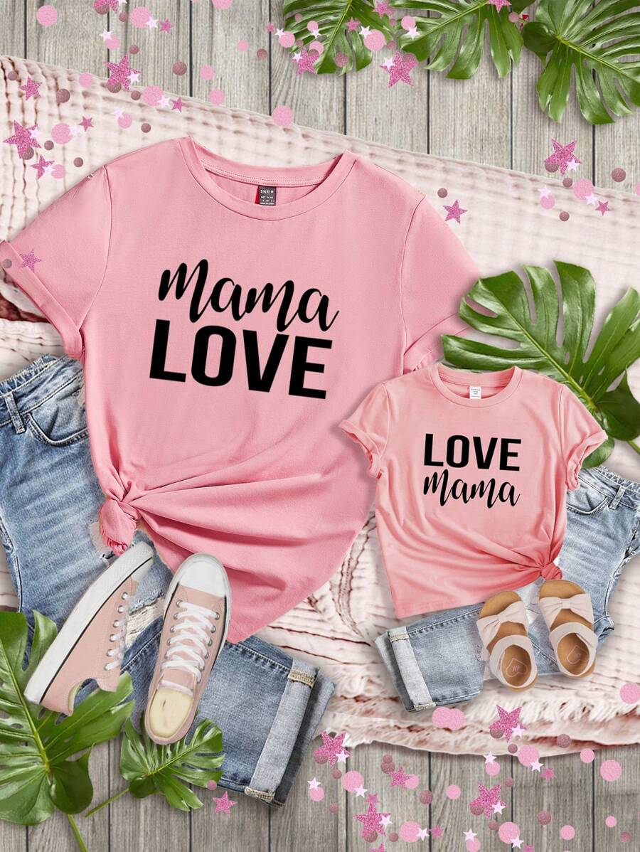 Áo thun ngắn tay in chữ Tween Girl Casual Love Mom, mùa hè - Hồng - Xem 1