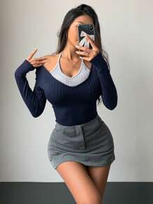 DAZY 修身仿套头衫双色长袖女式T恤，秋季服装 - 藏蓝色 - 查看 2